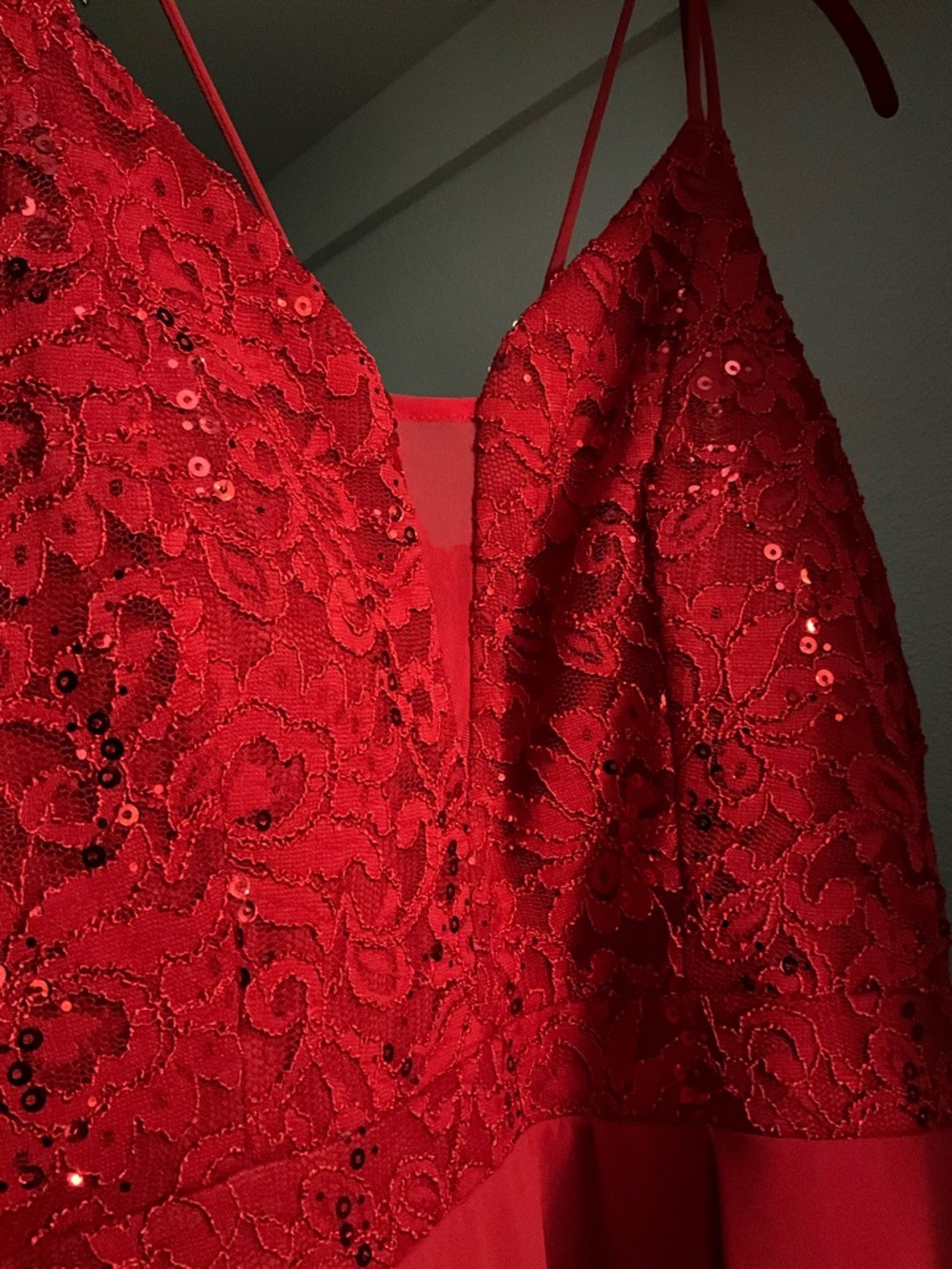 Red Sequin Lace Spaghetti Strap Dress